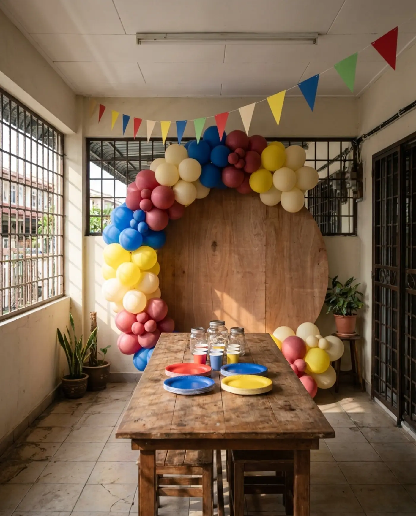 Gerbang belon merah, biru, kuning dan krim di ruang tamu rumah teres