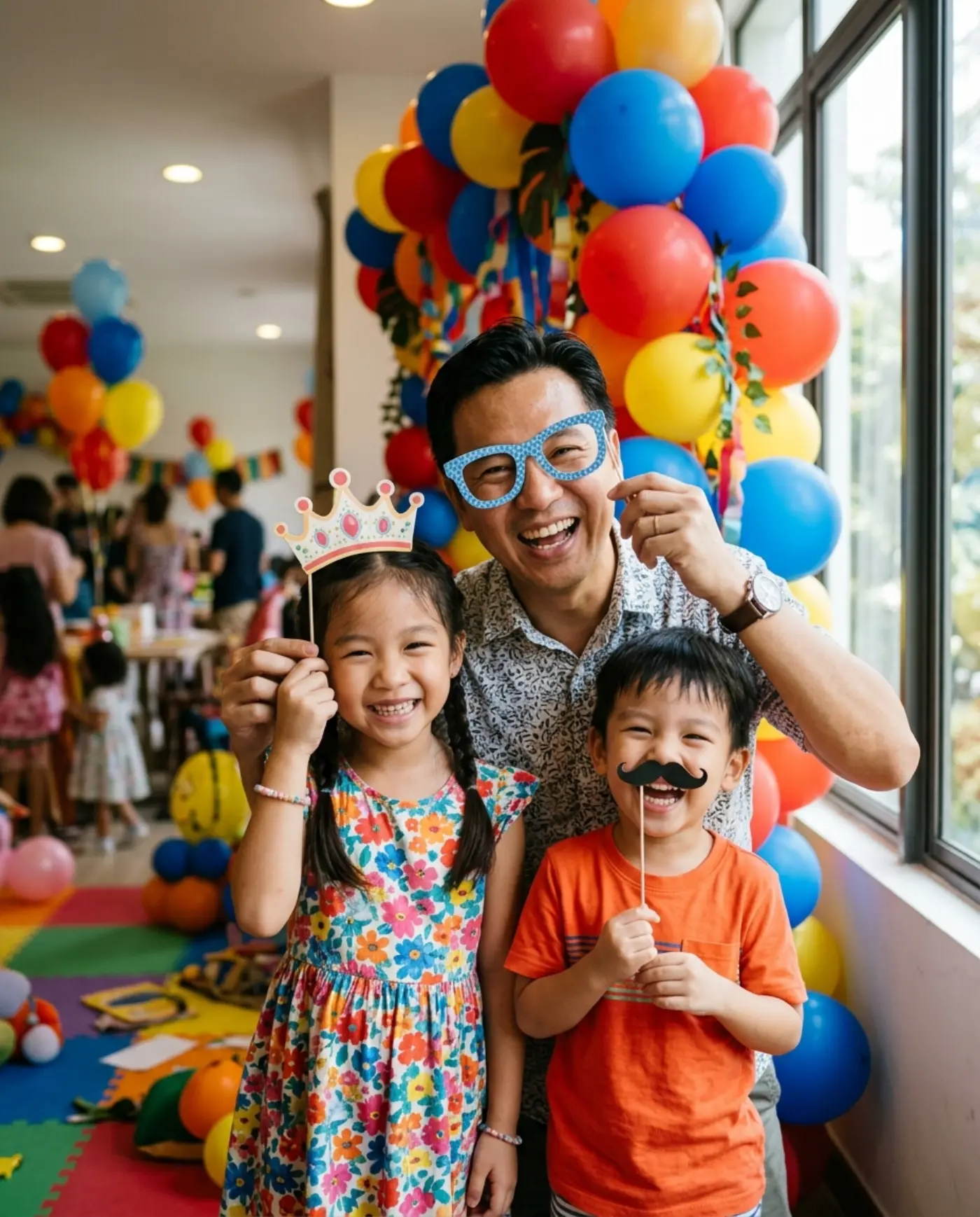 Seorang bapa dan dua anak bergambar dengan prop di booth foto
