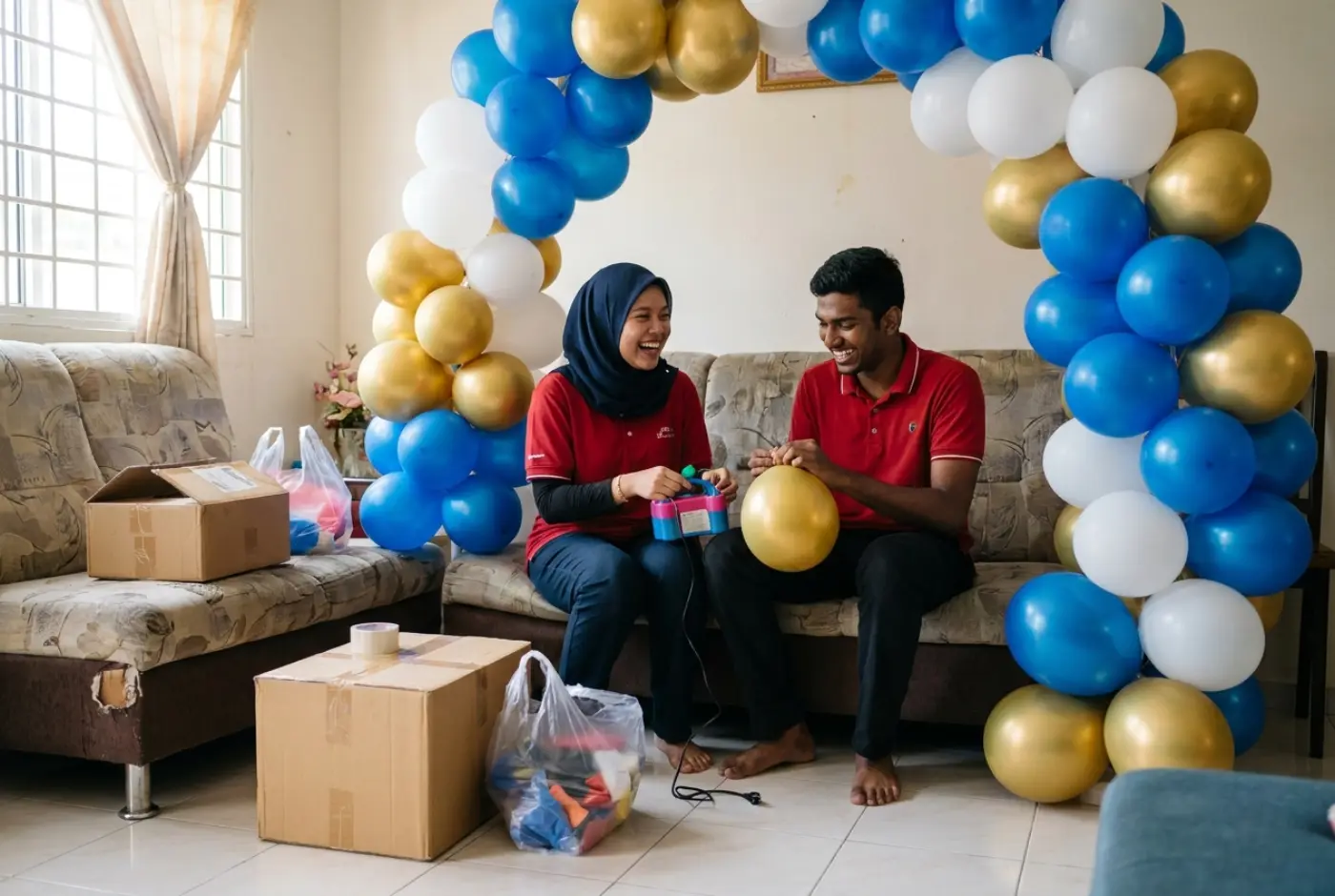 Dua kru FunFiesta berbaju polo merah mengisi belon untuk gerbang di ruang tamu