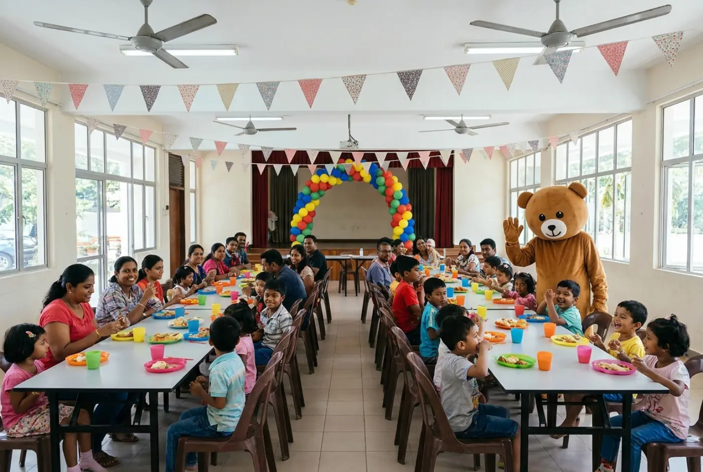 Parti hari jadi untuk tiga puluh kanak-kanak di dewan komuniti dengan maskot melambai