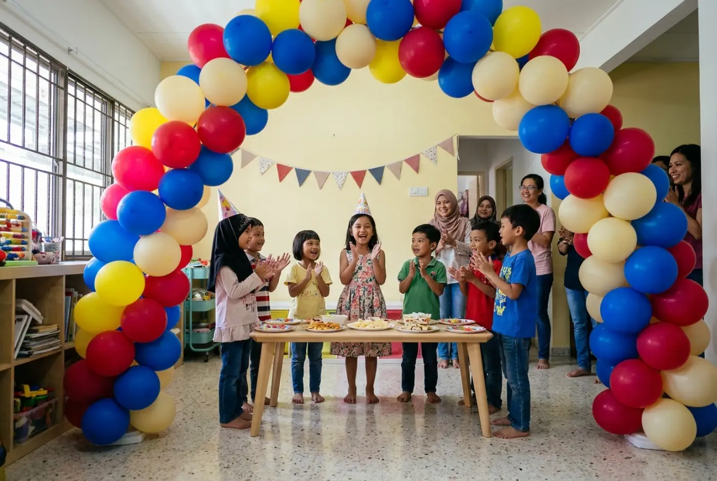 Kanak-kanak bertepuk tangan di meja parti di bawah gerbang belon merah, biru, kuning dan krim di rumah teres Subang Jaya