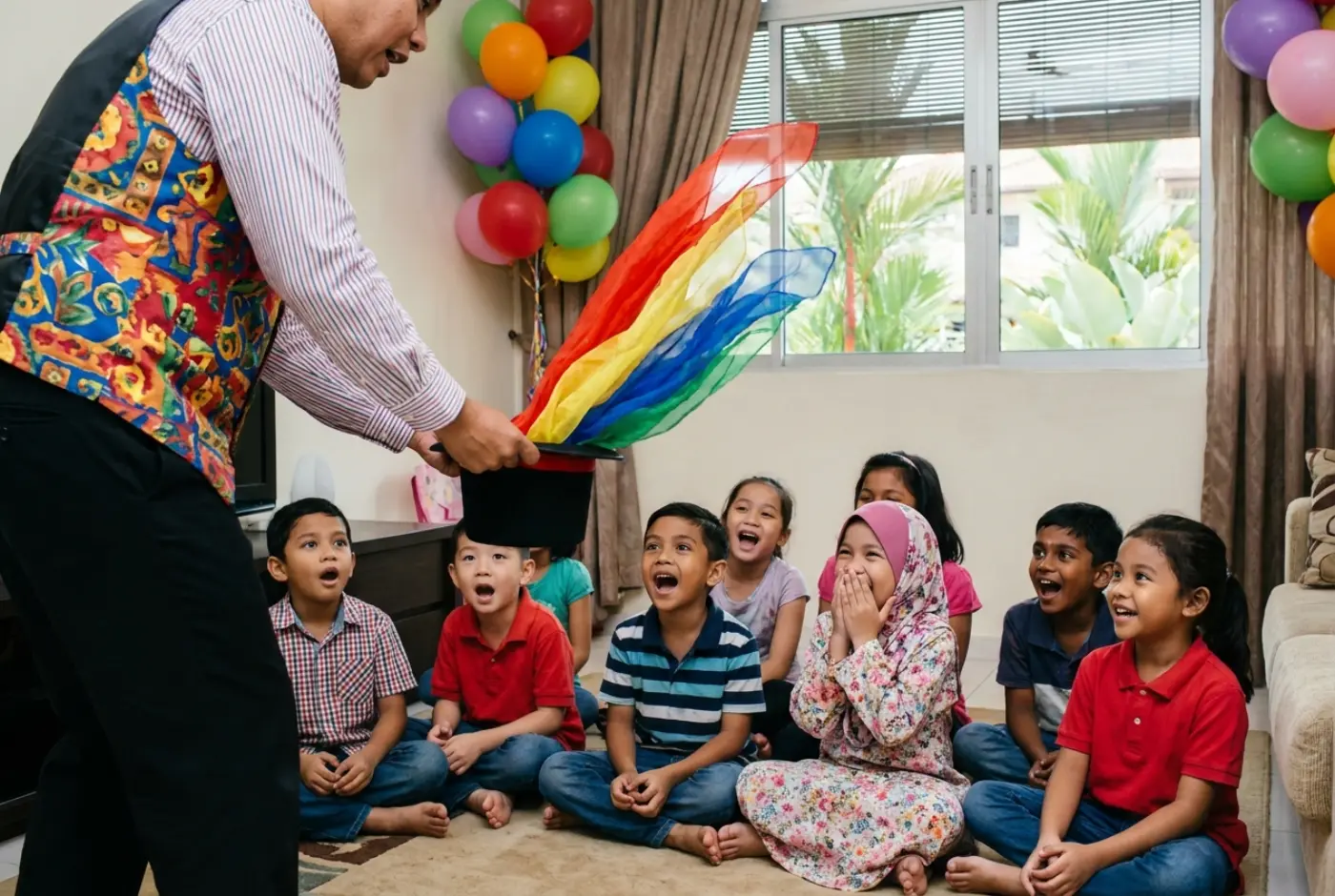 Penghibur membuat silap mata selendang untuk kanak-kanak yang ketawa